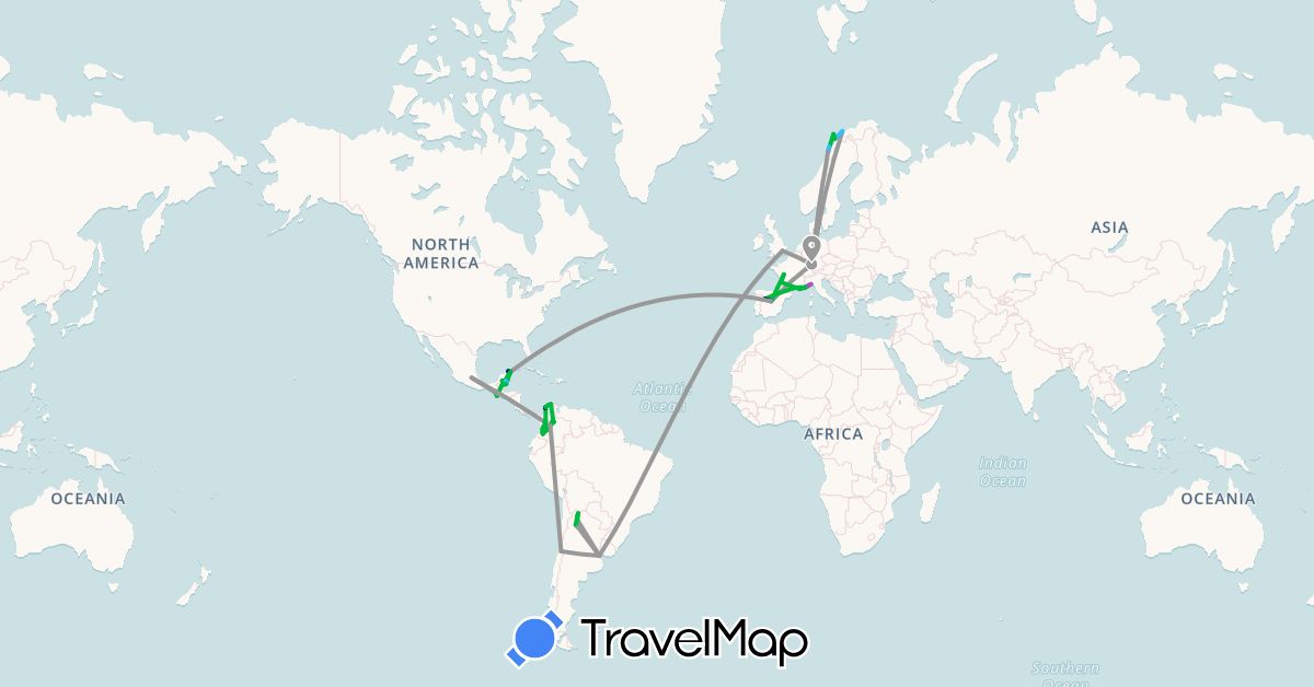 TravelMap itinerary: driving, bus, plane, train, boat in Argentina, Belize, Chile, Colombia, Germany, Spain, France, United Kingdom, Guatemala, Italy, Mexico, Norway (Europe, North America, South America)